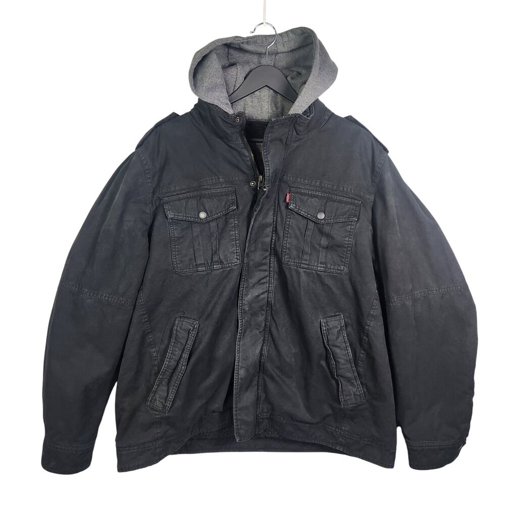 Levi's Men’s Sherpa Lined Two Pocket Hooded Trucker Jacket XXL Black Grunge Gray